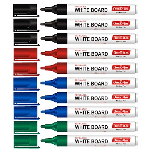 Image of Soni Officemate Whiteboard Markers | Pack of 10 (Mix)| Black, Blue, Red & Green | 4.43 mm Bullet Tip | Non-Toxic | Smooth Writing | Easy Wipe