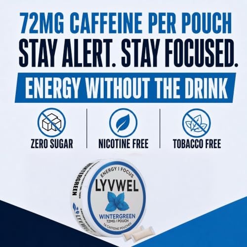 Image of LyvWel 72mg Caffeine Energy Pouches - Wintergreen - Crisp Mint Energy with Guarana - 5-Pack (80 Total Pouches)