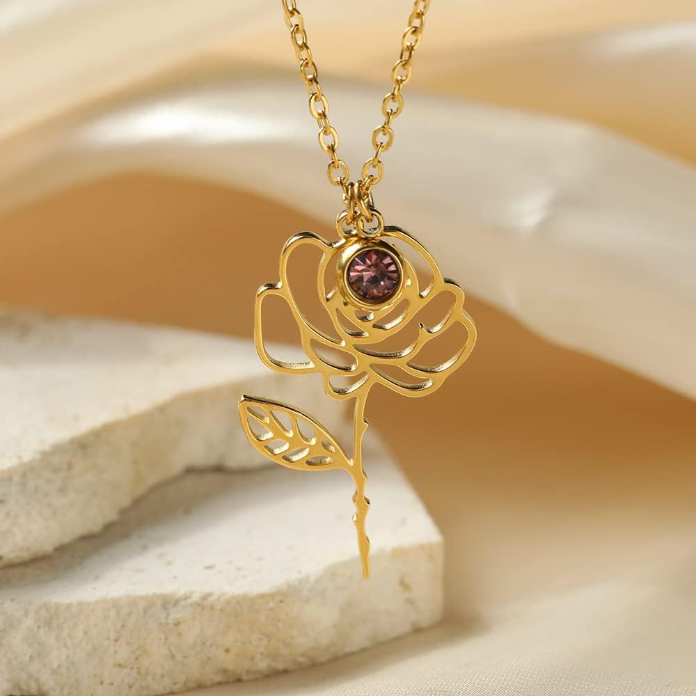 Stainless Steel Birth Flower Birthstone Necklaces for Women - Simple 18K Gold Plated 14.96+2.76inch Personalized Floral Birth Month Crystal Pendant Choker Jewelry Accessories Gifts - Image 2