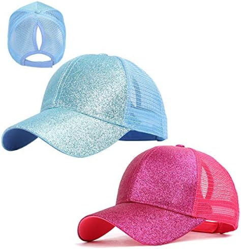 Gellwhu 2 Pack Kids Girls Glitter Ponytail Baseball Hat Messy Buns Ponycaps Visor Cap (Hotpink & Light Blue, 3-8 Years)