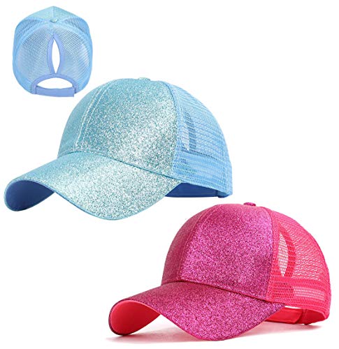 Gellwhu 2 Pack Kids Girls Glitter Ponytail Baseball Hat Messy Buns Ponycaps Visor Cap (Hotpink & Light Blue, 3-8 Years) #TOP3