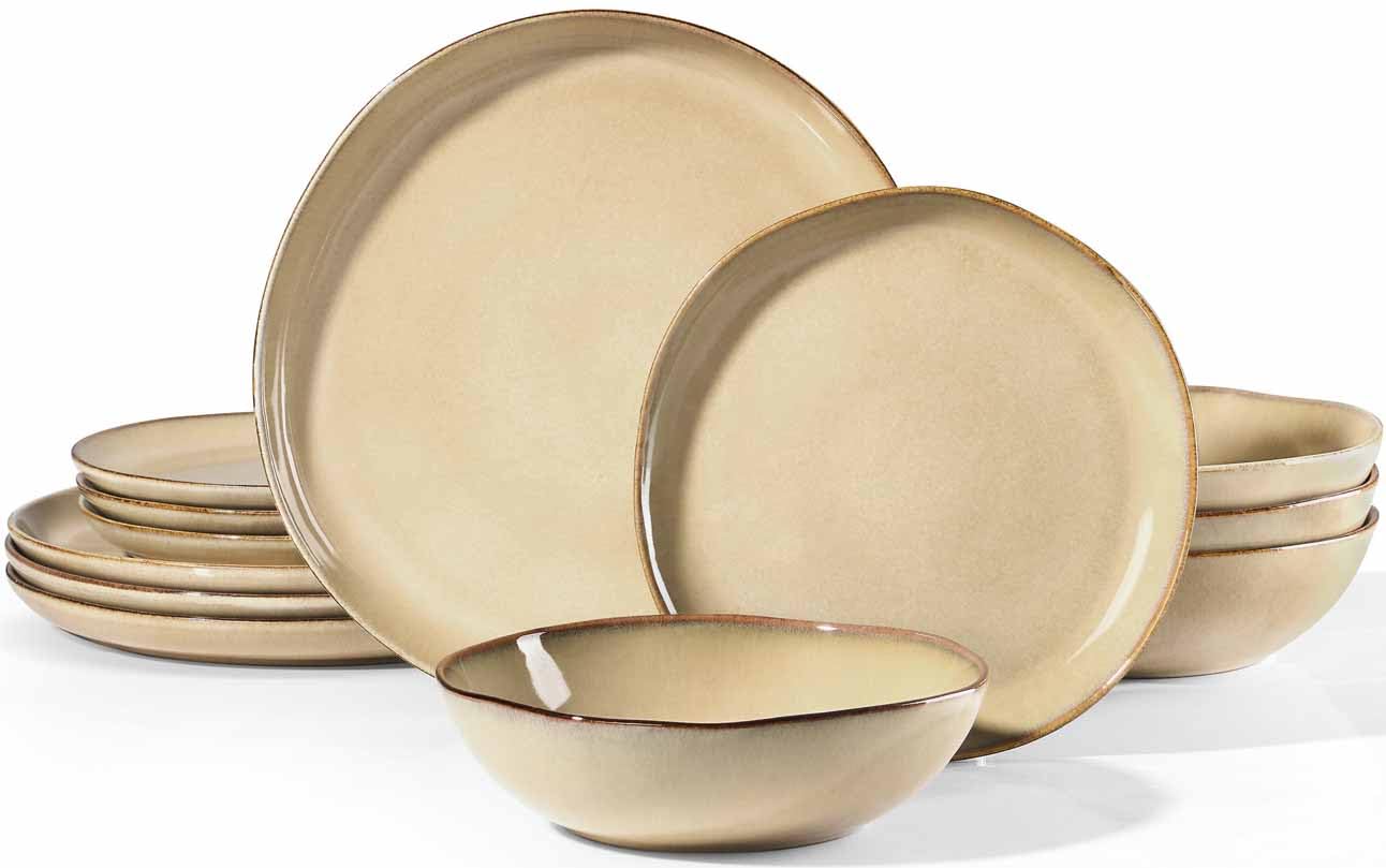 herogo 12pcs stoneware dinnerware sets for 4, irregular handmade dinner plates and bowls, kitchen dining dish dishware set, microwave & dishwasher safe, cream khaki