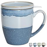 Bosmarlin Ceramic Tea Cup with Infuser and Lid, 16 Oz, 4 Colors to Choose, Dishwasher and Microwave Safe, Steeping Tea Mug with Strainer, Reactive Glaze, (Blue)