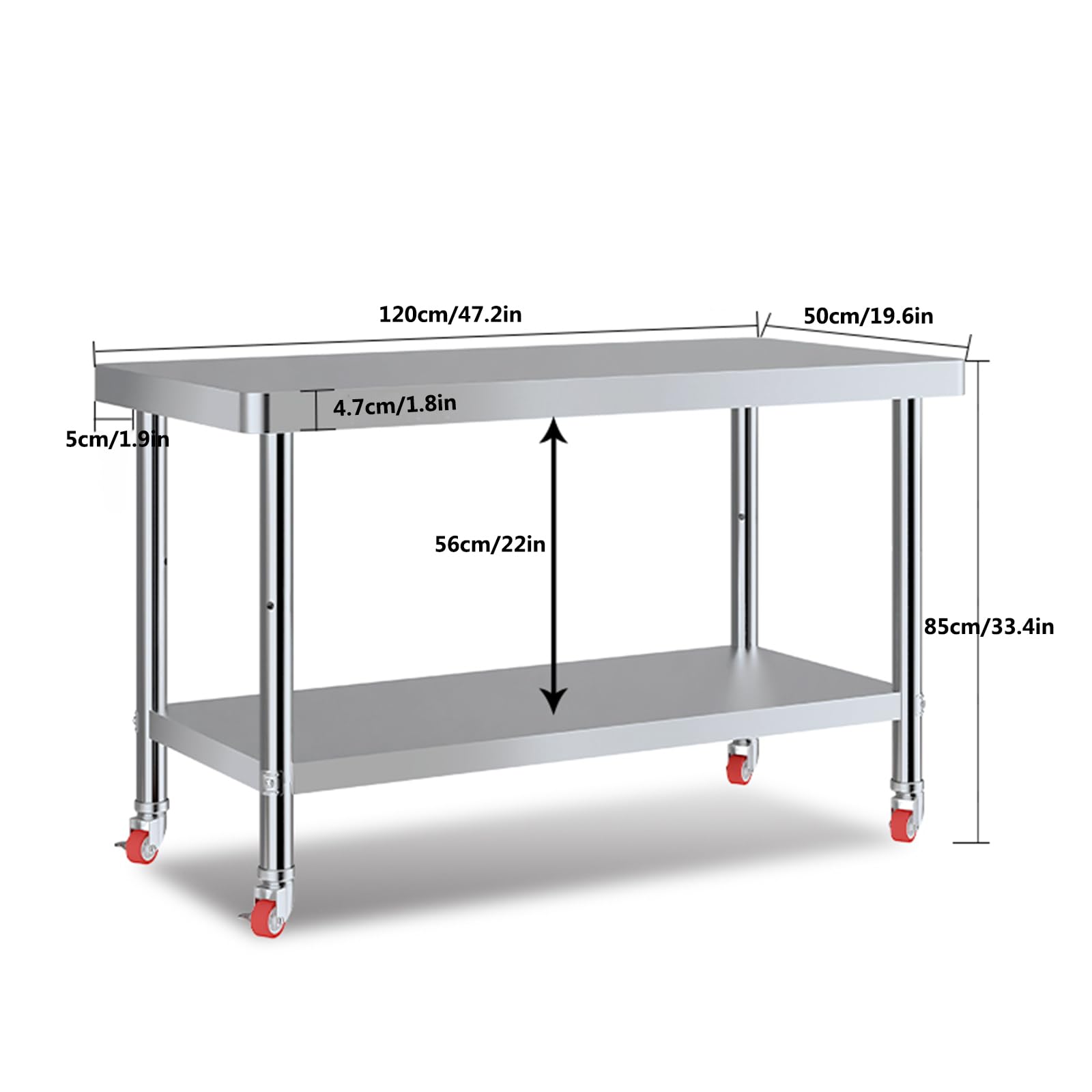 Tavolo da lavoro commerciale in acciaio inox su ruote, con ripiano inferiore, perfetto per cucina e ristorante (120 x 50 cm)
