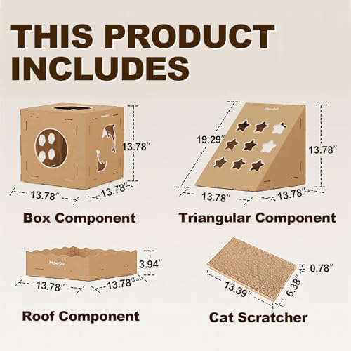 Image of DIY Cardboard Cat House with Scratching Pad, Cat Tower Indoor Play House, Versatile Cardboard Cat Tunnel Box for One or More Pets, Indoor Use Rabbit Hideout Cave Castle Brown, 3 Parts