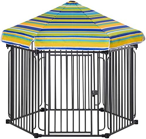 PawHut 48" x 41" Heavy-Duty Metal Dog Playpen, Outdoor Pet Cage Kennel, Puppy Exercise Fence Barrier with Weather-Resistant Polyester Roof, Locking Door, & Metal Frame