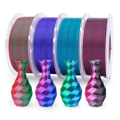 Image of ELEGOO Silk PLA Filament Bundle 1.75mm, Dual Colors 3D Printer Filaments Dimensional Accuracy + /- 0.05mm, Multicolors 4 Pack 250g Spool Green Red /Blue Purple /Black Red /Blue Green