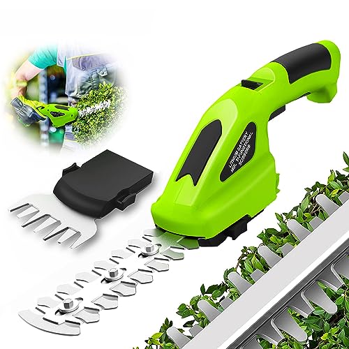 Cordless Grass Shear Mini Hedge Trimmer 2000mAh, 7.2V Handheld Hedge Clippers Electric Shrubbery Trimmer, 2 in-1 Grass Clippers Trimmer Grass Cutter, Rechargeable Battery and Charger for Garden, Lawn