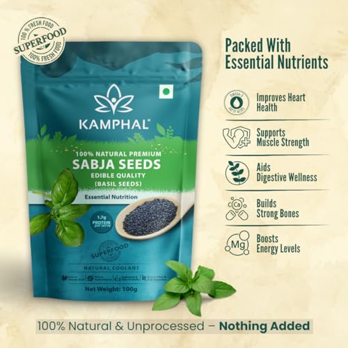 Image of Kamphal Premium Sabja Seeds 100gms | 100% Natural Basil Seeds for Eating | Rich in Fiber, Omega-3 & Essential Nutrients | Perfect for Cooling the Body, Detox Drinks & Digestive Wellness