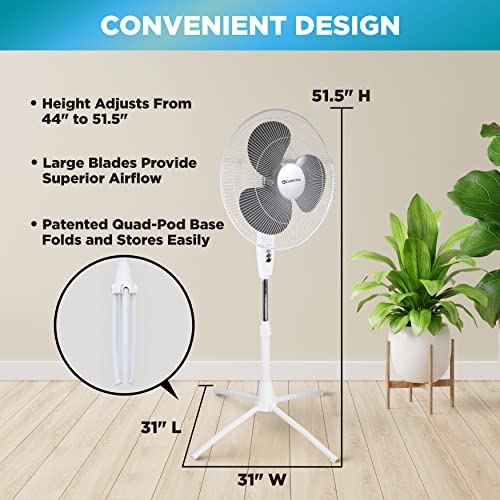 Comfort Zone Czst185Wt 18" 3-Speed Oscillating Pedestal Fan With Adjustable Height And Tilt, 90-Degree Oscillation And Quad-Pod Folding Base, White #TOP5