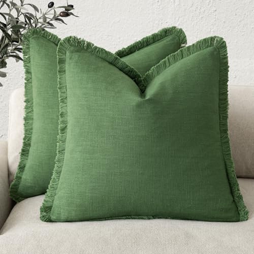 Image of Foindtower Set of 2 Decorative Linen Fringe Throw Pillow Covers Cozy Boho Farmhouse Cushion Cover with Tassels Soft Accent Pillowcase for Couch Sofa Bed Living Room Home Decor,20x20 Inch,Forest Green