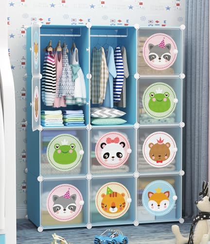 Image of Sunderlook Plastic Wardrobe for Kids Clothes - Collapsible Wardrobe, DIY Foldable Baby Almirah for Clothes, Heavy Duty Freestanding Storage Baby Cupboard for Kids (Blue-KTO2, 12 Door)