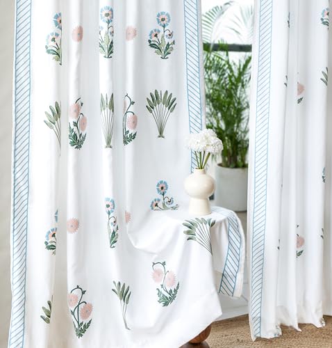Image of Tranquebar Curtain Co. Window Curtains 5 Feet, 60-65% Room Darkening, Blue Ethnic Curtains Palms Print, Cotton Curtains for Window, Cotton Curtains 5 Feet Long Set of 2, BackTabs, Bagh (152 cm)