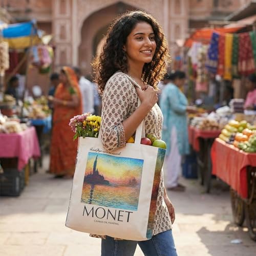 Image of Artsy Canvas Tote Bag for Women | Zipper Closure, Bottle Holder & Keychain Hook | Premium Cotton Canvas Bag for Travel, College, Office | Reusable Shopping Tote Bag Gift