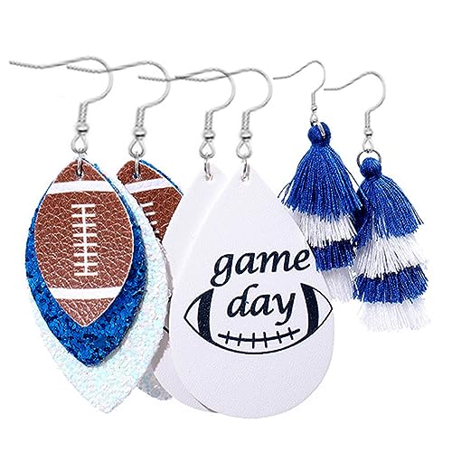 Azusa Sun 3 Pairs Football Leather Earrings Layered Glitter Dangle Earrings Blue White Tassel Dangle Earrings Set Game Day Sports Lover Jewelry Gifts