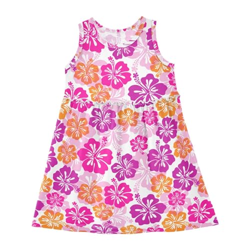 Hawaiian Tropical Hibiscus Colorful Floral Girls Casual Dress Cotton Summer Clothes for Kids 2T-8Y