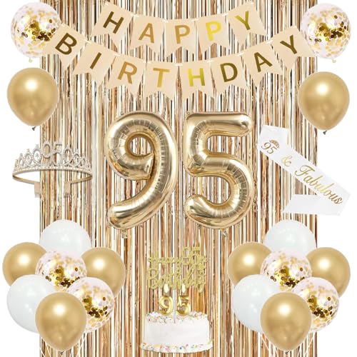 Image of Trgowaul 95th Birthday Decorations for Women, Banner, Sash and Crown, Cake Topper, 95 Number Balloon, Fringe Curtains, Champagne Gold 95th Birthday Party Supplies