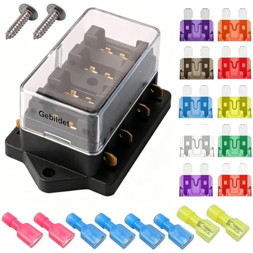 Gebildet 32V 40A 4 Voies Standard Boîte à Fusibles, Imperméable 6,3 mm Fuse Box Holder, avec 10 pièces Fusible à Lame Libre (3A 5A 7,5A 10A 15A 20A 25A...
