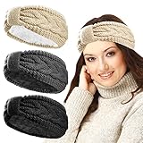 3 Stück Damen Stirnband Gestrickt Haarband Zopfmuster, Mädchen Kopfband Gefüttert mit Weichem Fleece Innenfutter, Haarband Ohrenwärmer Winterstirnbänder Elastische Haarreifen Ohrenschützer
