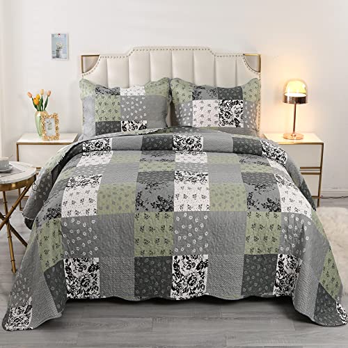 Vinilite Soft Reversible Quilt Set Queen Size, 3 Piece Microfiber Checkered Patchwork Quilted Bedspread Coverlet Bedding Set For All Season With 2 Pillow Shams, Floral Pattern Stitching, Gray #TOP4