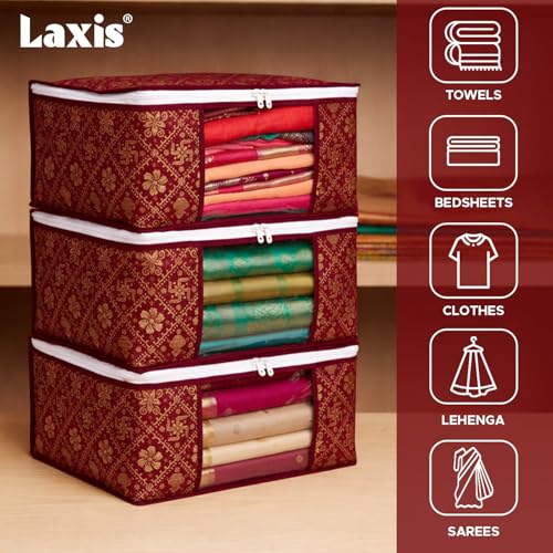 Image of LAXIS Saree Organiser for Wardrobe, Foldable Royal Print Saree Covers for Storage Set with Clear Window & Zipper, (Golden-Mahroon, Pack of 3)