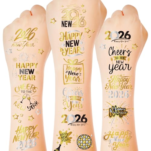 135 Styles New Years Eve Party Supplies, 12 Sheets Glitter New Year Tattoos, 2026 NYE Decorations, Black Gold Silver NYE Party Favors Tattoos Stickers, Holiday Festival Eve Decor