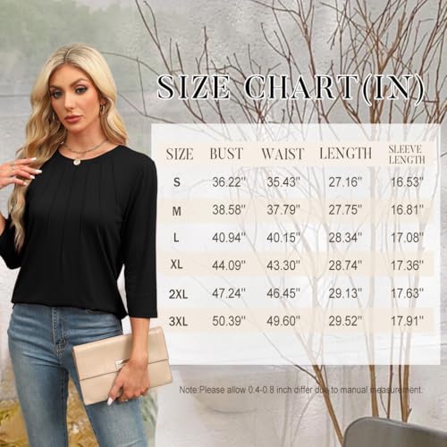 3/4 Length Sleeve Womens Tops Round Neck Casual Tunic Tops Basic Pleated Shirts Loose Fit 20252
