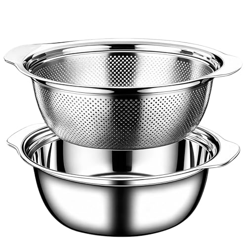 Colander for Kitchen 1.5 QT 18/8 Stainless Steel Colander Stainless Steel Strainer with Mixing Bowl Rice Strainer with Handle for Washing Vegetables Fruit Rice and Pasta (2 PC)