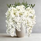 BRIGEA 2Pcs Artificial Flowers Faux Silk Flowers Indoor Plants Hanging Wisteria Decoration for Home Indoor Kitchen Table Vase Wedding Party Table Centerpieces Outdoor Decor (White)