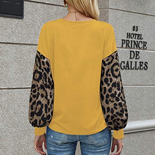 YAnGSale Top Womens Leopard Blouse Casual Loose Sweatshirt Patchwork Pullover Long Sleeve Shirt O-Neck Tee Tops (Yellow, L)