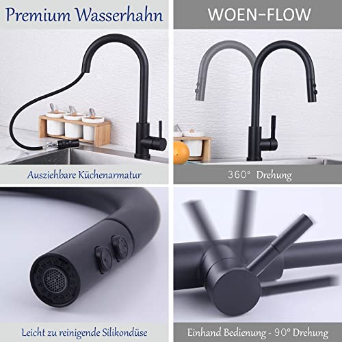 Wasserhahn Küche Schwarz, Hochdruck Küchenarmatur Ausziehbar 360° Schwenkbar, Einhebel Spültischarmatur mit Brause 2 Modi, Hoher Bogen Mischbatterie Küche, Armatur Küche Ausziehbar Edelstahl