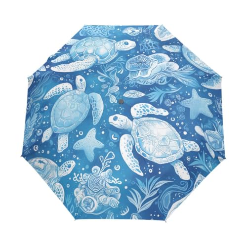 Parapluie pliant automatique coupe-vent imprimé tortues marines bleues compact et résistant