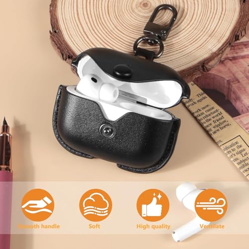 Image of Leather Case for AirPods Pro 3 (2025) | Premium Protective Cover with Snap Lock & Keychain | Shockproof Wireless Charging Compatible Case (Black)