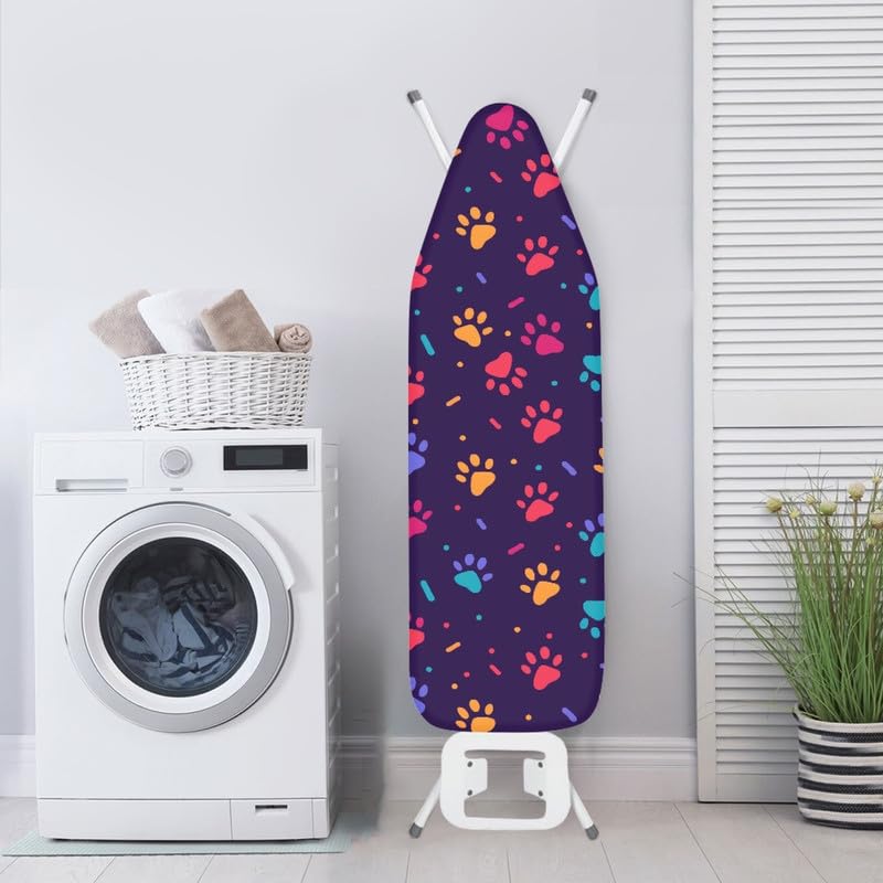 Daulesho Purple Cartoon Dog Paw Steam Ironing Board Cover Colorful Cat Paws Stain Resistant Iron Board Cover Cute Animal Footprint Elastic Edge and 3 Hook and Loop Fasteners