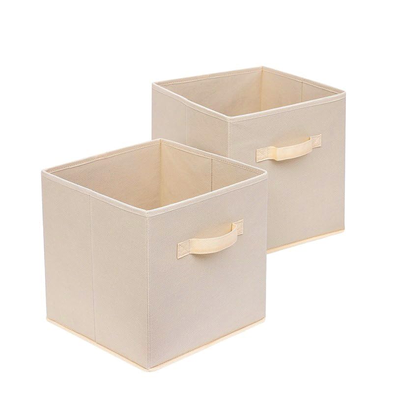 MQBLJORNE Basics Fabric Clothing Storage Bins - 27*27*28cm - Collapsible Storage Cubes Organizer with Handles, Linen Foldable Storage Baskets Cloth Box Containers, Closet Organizers 2 Pack-Beige