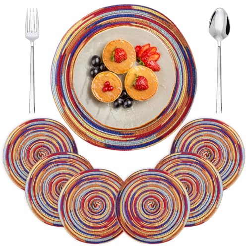 6 Pièces Set de Table Tressé Rond, Lavable Osier Sets Ronds avec Franges, Sets de Table Rouge Tressé en Coton Résistantes, Résistants à La Chaleur, pour...
