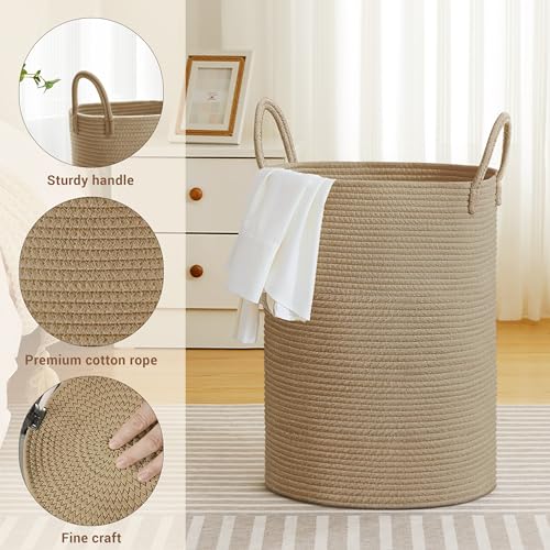 Image of 72L Large Tall Cotton Rope Laundry Basket with Handles, Jute
