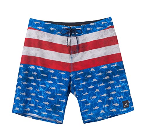 Surf Cuz Men's Board Short Beach Short 4-Way Stretch Swim Short(American Flag - Fishes,34) #TOP17