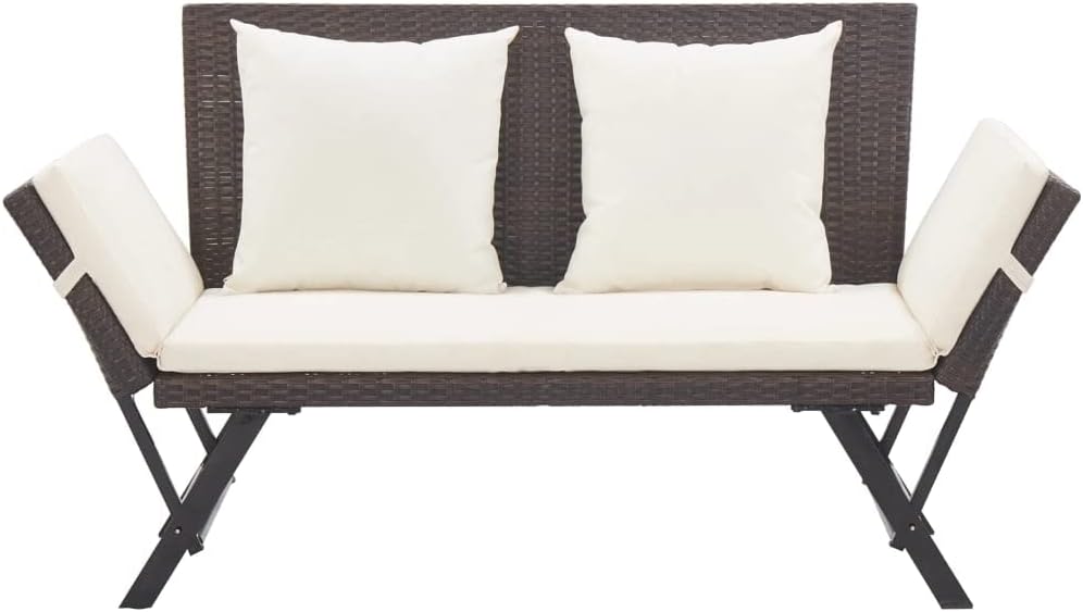 Outdoor Sun Bed Brown Rattan, Creamy White Cushions,Cozy Outdoor Garden Bench with Convertible Functionality for Comfort and Style Patio Furniture