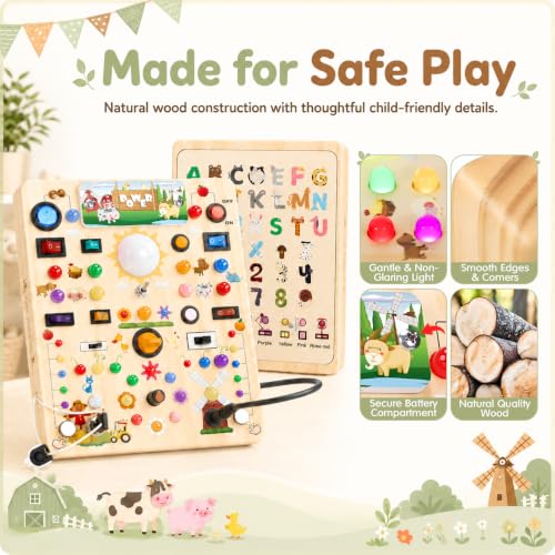 Image of Busy Board with 19 LED Light Switches, Montessori Toys for 1 2 3 Years Old, Wooden Sensory Board, Toddlers Activity Travel Toys for 1 2 3 Year Old Boy & Girl Birthday Gift (Big Farm)
