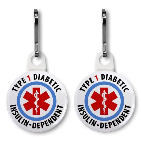 TYPE 1 DIABETIC Insulin Dependent Medical Alert 2-Pack 1 White Zipper Pull Charms