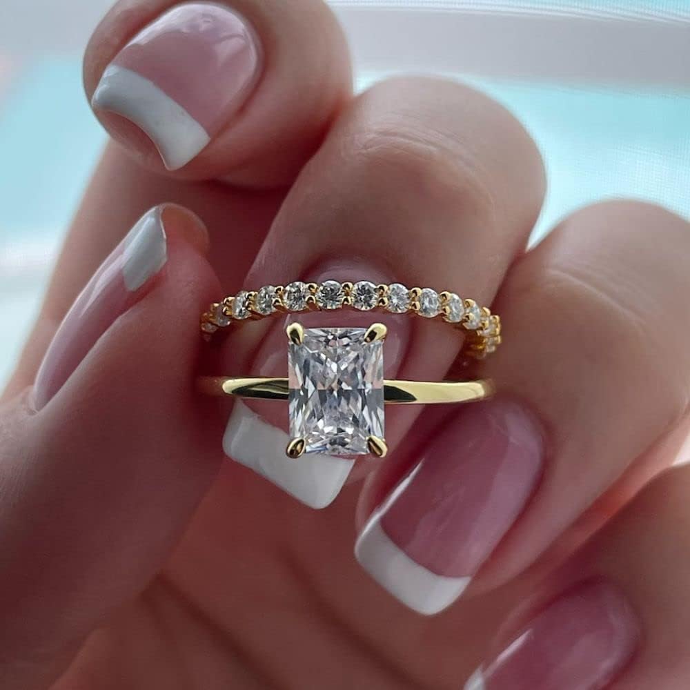 Ssjewel 2 Ct Radiant Cut Diamond Delicate Elegant Bridal Wedding Band Engagement Rings Set 14K Yellow Gold Plated 925 Sterling Silver Handmade Stacking Band Matching Ring Gift For Her