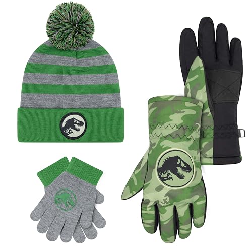Image of Jurassic World Kids Winter Hat Scarf and Snow Gloves for Boys Set Classic T-Rex Graphic Warm and Soft Accessories