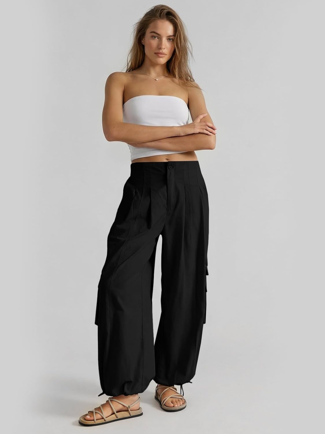 Fisoew Cargo Pants Women Wide Leg Elastic Waist Casual Y2K Barrel Parachute Baggy Pants Woman Trousers with Pockets