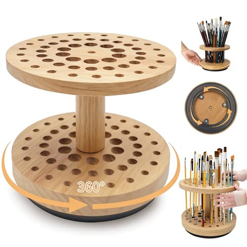 Image of Rotating Paint Brush Holder, 360 Smooth Rot Hardwood Artist Organizer