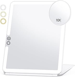 Large Travel Makeup Mirror with 10X Magnifying Mirror, Travel Lighted Makeup Mirror, 3 Color Lighting, Rechargeable 2000mAh Batteries, Portable Ultra Slim Vanity Mirror, Travel Accessories for Women
