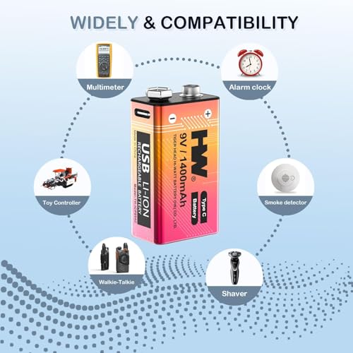 HW 9V Batteries 1400mAh 4 Pack, USB-C Lithium for Smoke Detectors - image 3