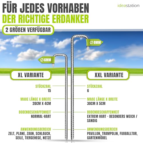 idea-station Bodenanker 6 Stück - 30 cm lang - Ø 8 mm - rostfreie Erdanker aus Bewehrungs-Stahl - sichere Boden Verankerung für Trampolin - Massive Erdhaken für den Garten