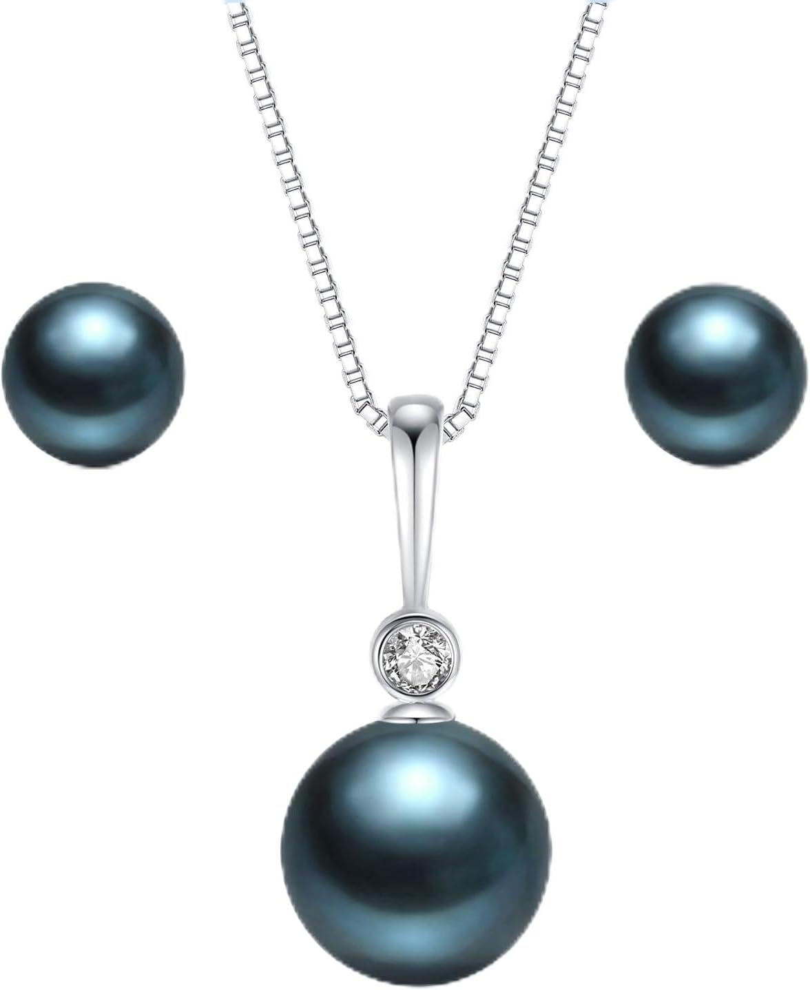 YAMI Pearl Neckalce and Earrings Set, Pearl Jewelry Set for Women, Genuine Cultured Blue/Black/Golden Pearls Crafted in 925 Sterling Silver, Luxurious Jewelry Gifts for Women, Length 18+2IN