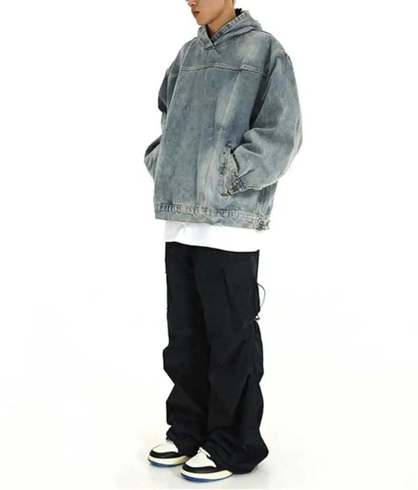 Mens Old Washed Denim Hoodies Pockets Patchwork Vintage Long